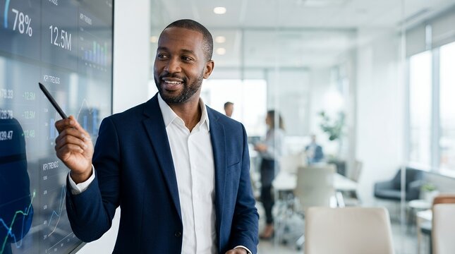 Professional African American businessman presenting data analytics on a large digital screen in a modern office.