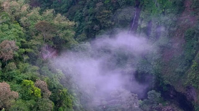 Misty aerial view of Tumpak Sewu waterfall canyon surrounded by dense tropical rainforest and drifting clouds