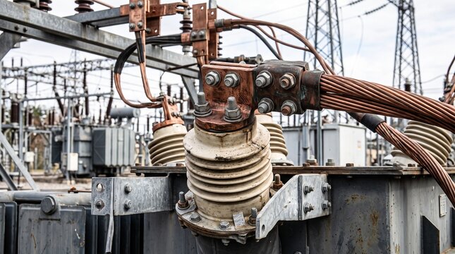 High voltage electrical transformer equipment in a power substation.