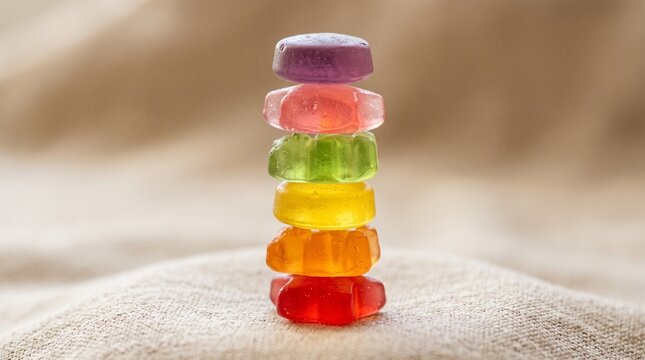 Colorful gummy candies stacked in a tower on beige fabric background. Close-up of translucent jelly sweets in rainbow colors. Confectionery and sugar treats. Sweet snacks and dessert