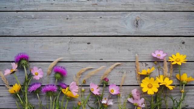 Wildflowers and Prairie Grass on a Rustic Wood Plank Background