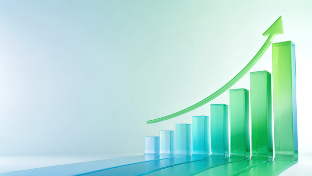 Rising bar chart with a green arrow representing growth, progress and improved performance.
