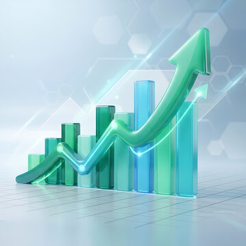 Rising bar chart with a green arrow representing growth, progress and improved performance.
