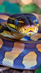 Fototapeta premium A close-up view of a snake lying on the ground, its scales and texture visible vertical frame