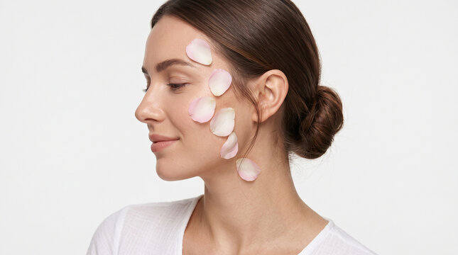 Reveal skin care  as soft as flower petals. Side-profile beauty portrait of a smiling woman. Ideal for sensitive skin care, moisturizer, and self-care content.