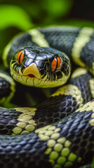 Obraz premium A close-up shot of a snake coiled around a plant, great for wildlife or nature-themed uses vertical frame