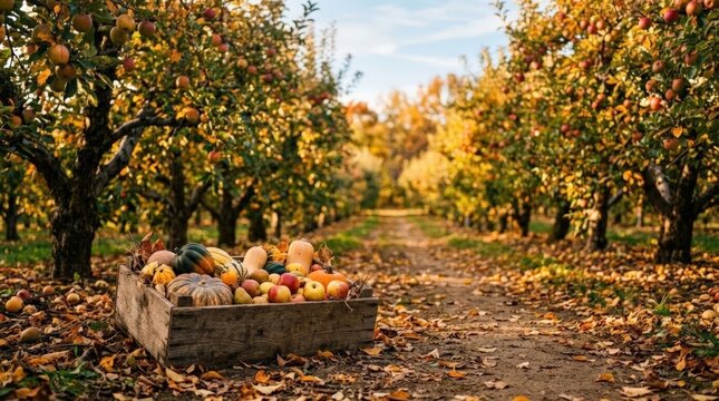 A rustic wooden crate filled with pumpkins and apples sits on a leaf-strewn path in an apple orchard during the pumpkin harvest, with rows of autumn trees stretching into the distance