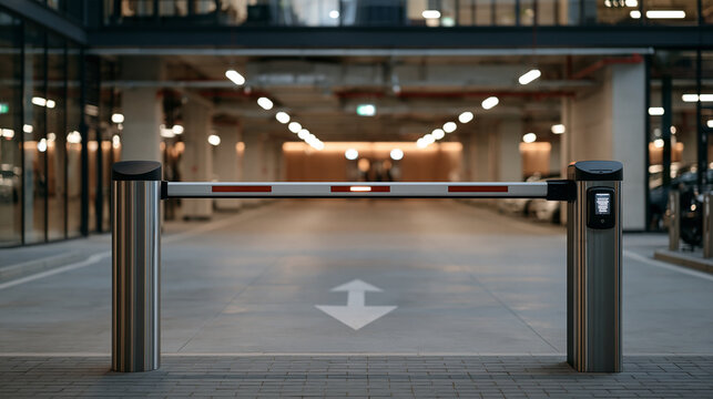 Freshly installed automatic boom gate barrier at the entrance of an underground corporate building car park, access card reader mounted on bollard, painted arrow on ground,