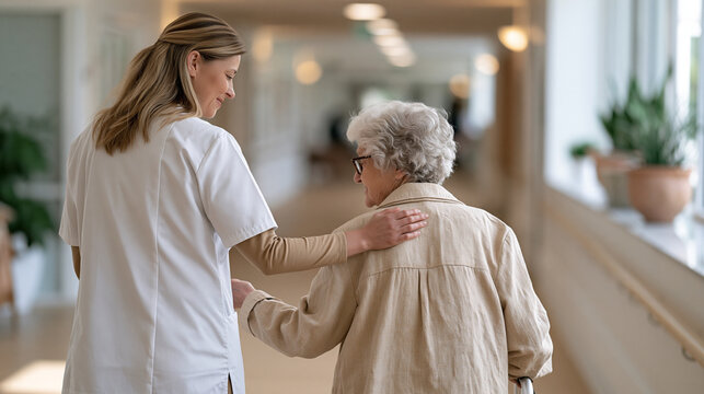 Geriatric care nurse helping frail elderly woman walk slowly down long care facility hallway, supportive hands guiding every step, afternoon light streaming through windows,
