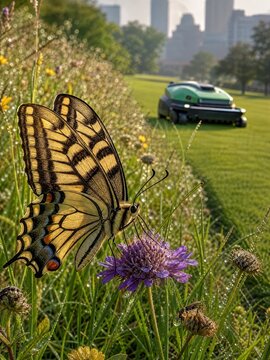 In a vibrant park during daylight, a beautiful butterfly rests delicately on a colorful flower, with a bustling city skyline and a car visible in the background