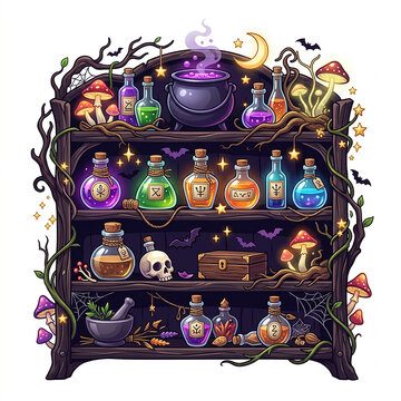Ornate wooden apothecary shelf filled with glowing potion bottles, a cauldron, a skull, and mushrooms in a magical halloween display
