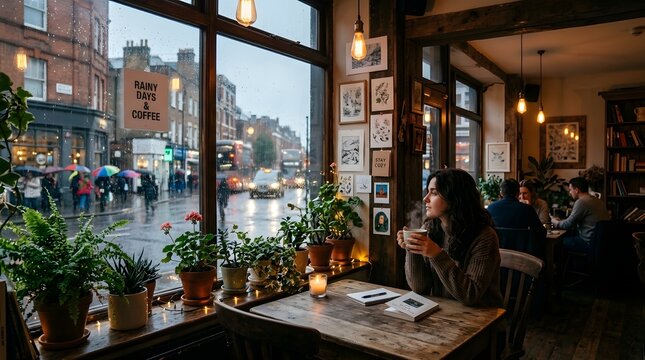 Young woman sitting in a cozy cafe by the window on a rainy day, holding a warm cup of coffee with books on the table