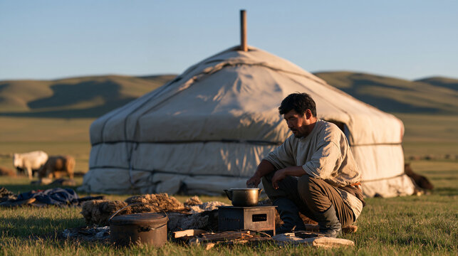 Mongolian herder squatting beside a small portable stove outside a round felt dwelling on open grassland, small metal pot of coffee-tea mixture heating, vast steppe landscape