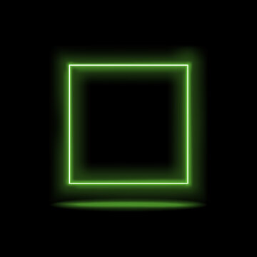 Bright neon green square frame on a black background with glowing light effects