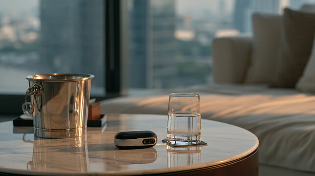 A wireless microphone clip resting as a symbolic still life inside a luxury interior beside a bucket of water, celebrating a content creator promotion with a subtle nod to