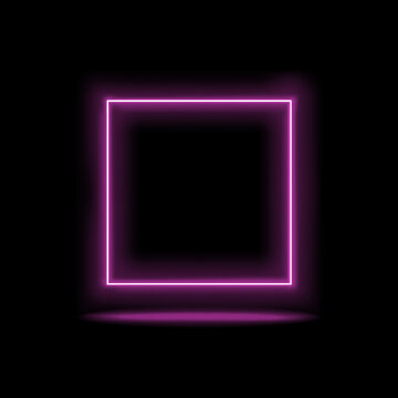 Bright pink neon square frame on a black background with glowing light effects