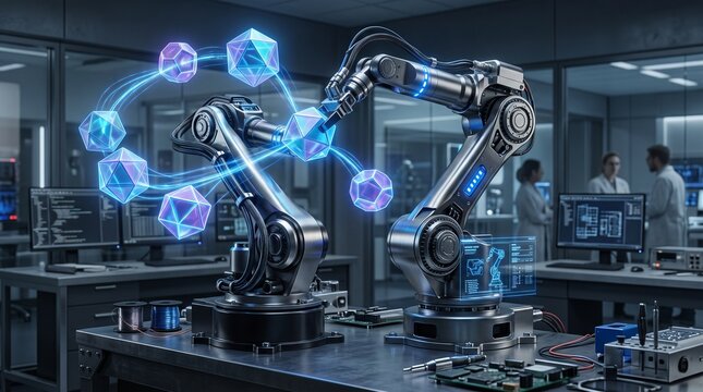 Advanced Robotic Device with Floating Geometric Modules and Blue Light Trails