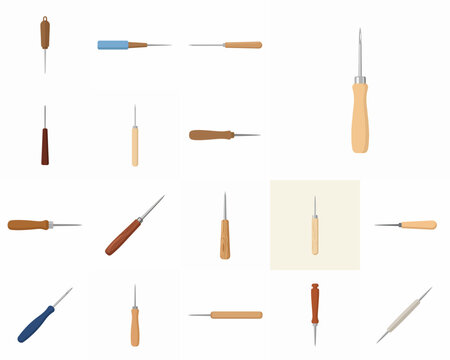 Professional collection of various hand tools including awls and scribes with wooden and plastic handles isolated on a white background for leatherwork, carpentry, and manual craft projects.