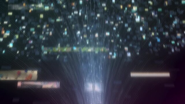Glowing core hub on a digital grid sends a fine fiber light funnel into a sweeping cloud of media tiles, cinematic 4K background for cloud platforms and tech keynotes.