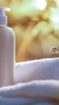 A bottle of lotion resting on a towel vertical frame