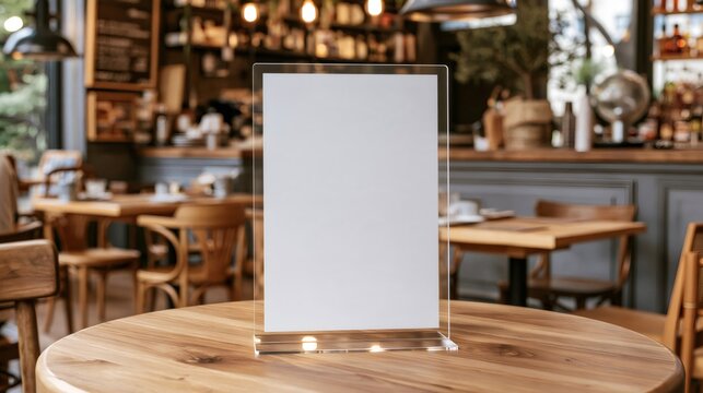 Blank acrylic menu holder mockup on wooden table