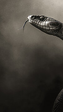 A close-up shot of a snake in black and white vertical frame