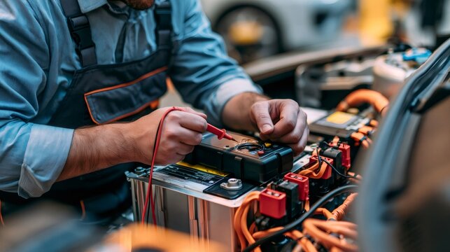 Mechanic diagnosing electric vehicle battery using multimeter