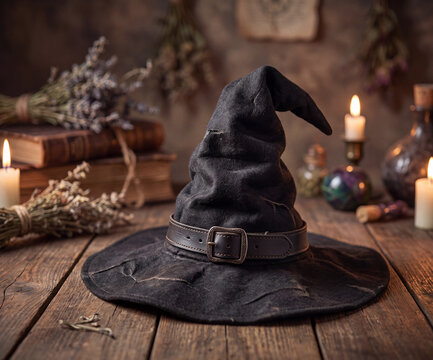 Pointy Black Witch Hat on Wooden Table with Lit Candle Halloween Still Life