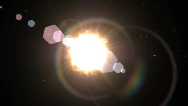 Bright cosmic flare and shining starburst illuminating deep space with radiant glowing flight path