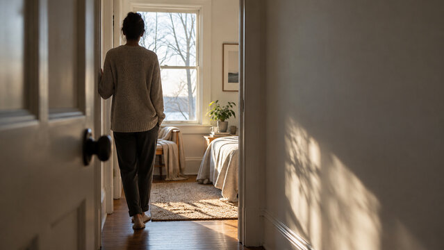 Anonymous adult entering a quiet sunlit room through an open doorway