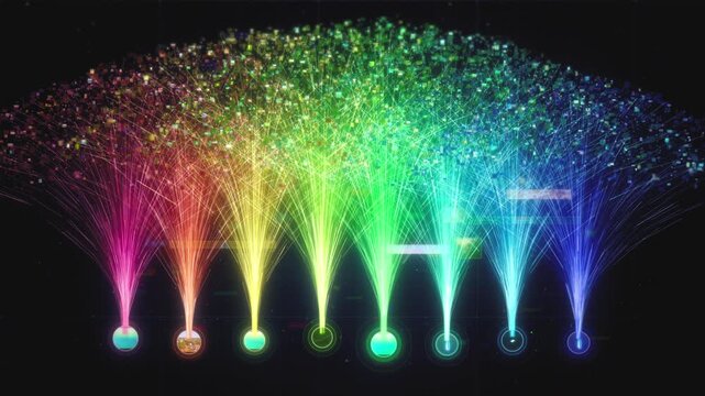 Eight vibrant beams from pink to blue connect a wide cloud of media content to glowing icon nodes, cinematic 4K graphic for AI categorization, SaaS and marketing videos.
