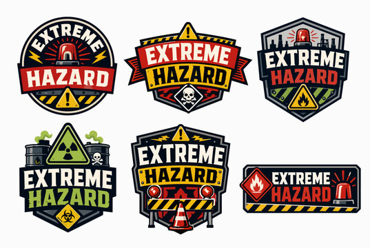 Extreme hazard warning labels and emblems collection, featuring caution symbols, skull, radiation icon, toxic waste, fire, and siren for safety awareness