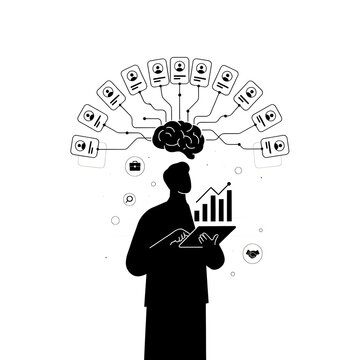 Silhouette of a person using a tablet with data charts and connected to multiple user profile on a plain white background