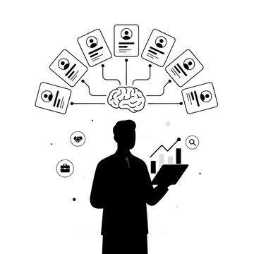 Silhouette of a man holding a tablet with business charts and connected to a brain and user profile on a white background