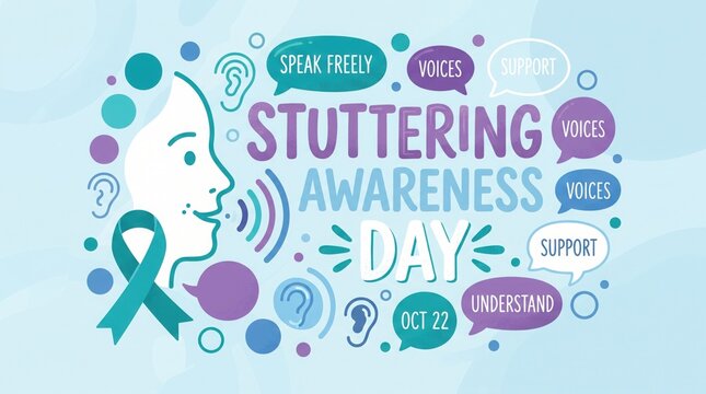 International stuttering awareness day poster with speech bubbles and teal ribbon