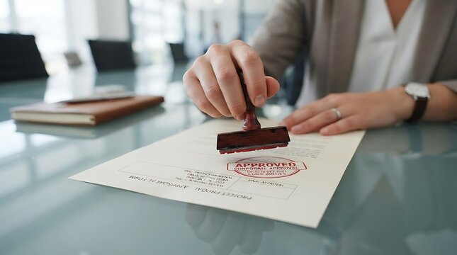 Professional businesswoman stamping approved document on office desk with corporate contract.