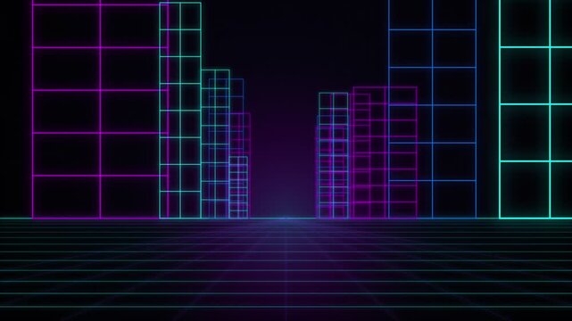 Abstract futuristic geometric buildings with colorful neon grid lines design