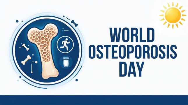 World osteoporosis day banner with bone structure, exercise icon, glass of milk and sun illustration