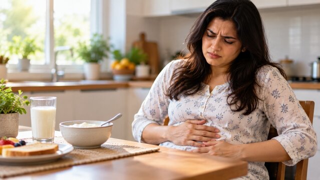 Young indian woman sitting at kitchen table suffering from stomach pain during breakfast meal.