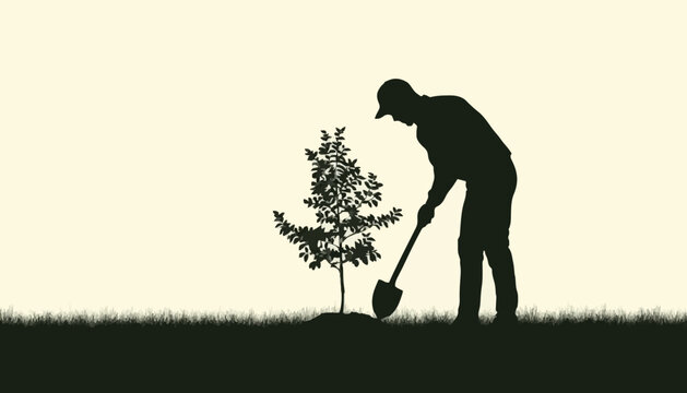 Man Planting Tree with Shovel Silhouette Vector