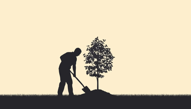 Man Planting Tree with Shovel Silhouette Vector