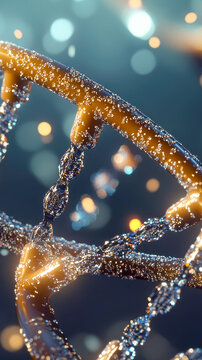 A microscopic view of two complementary DNA strands forming a helix structure vertical frame