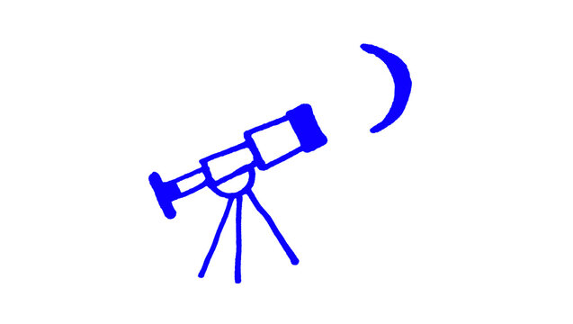 Telescope pointed at crescent moon hand drawn doodle icon, blue outline line art illustration isolated on white background, simple minimalist sketch style telescope pointed at crescent moon vector cli