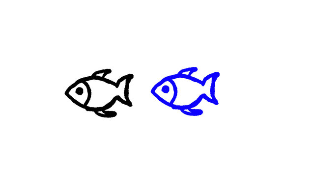 Two swimming fish in different poses hand drawn doodle icon, black and blue line art illustration isolated on white background, simple minimalist sketch style two swimming fish in different poses vect