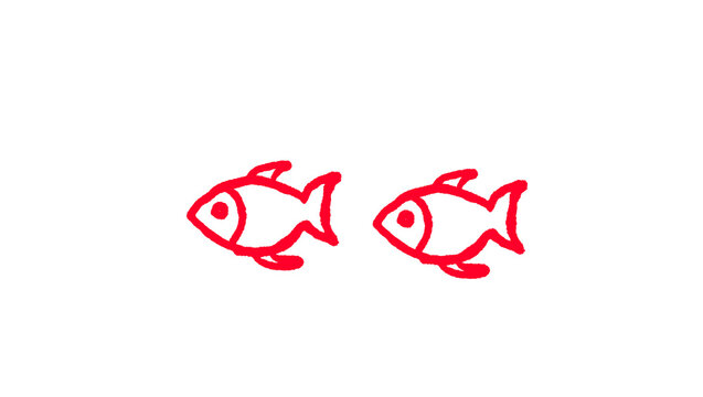 Two small swimming fish hand drawn doodle icon, red outline line art illustration isolated on white background, simple minimalist sketch style two small swimming fish vector clipart, cute cartoon desi