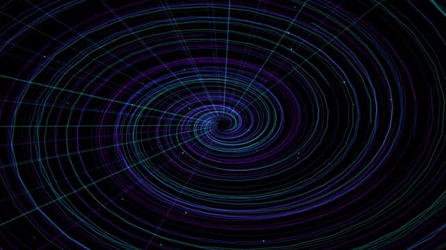 Abstract dark spiral vortex tunnel with glowing neon lines swirling in continuous futuristic motion graphics
