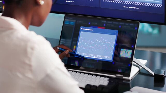 Financial Analyst Reviewing KPI Dashboard On Laptop