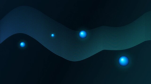 Abstract glowing spheres floating along futuristic wave contour lines design