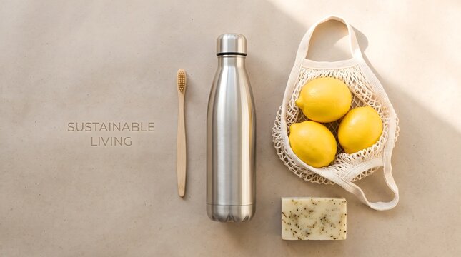 Flat lay of eco-friendly zero waste lifestyle items on a beige background