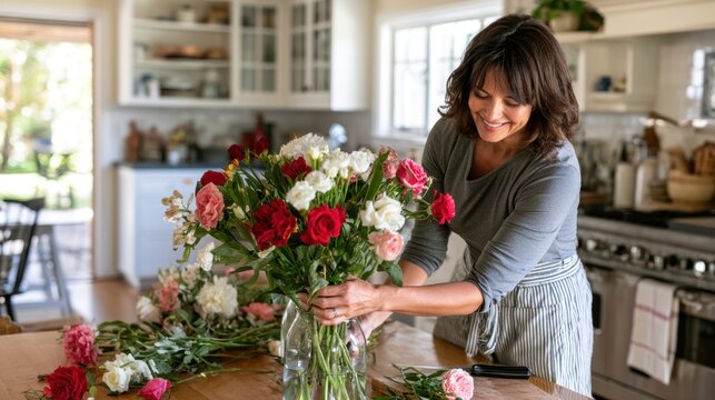 Smiling woman arranging colorful fresh flowers in vase at home